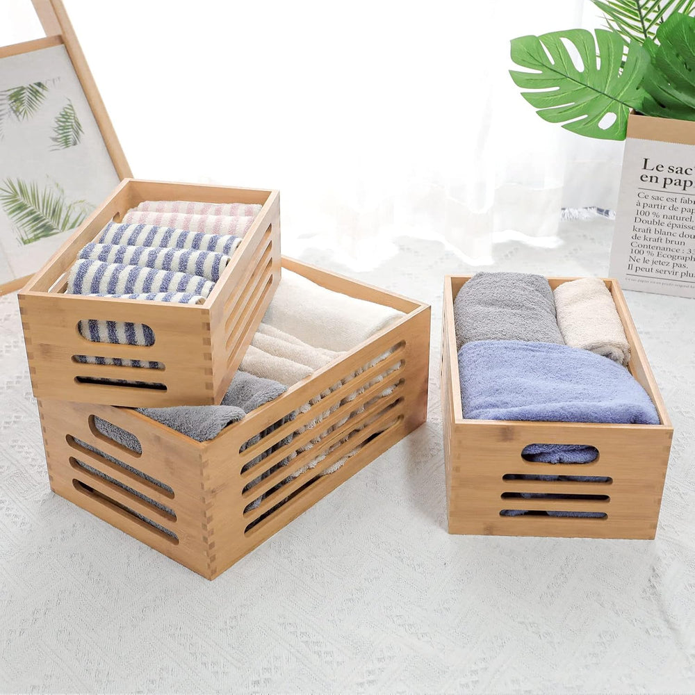 ANMINY Wood Storage Bins Crates, Nesting 3PCS, Mortise-Tenon