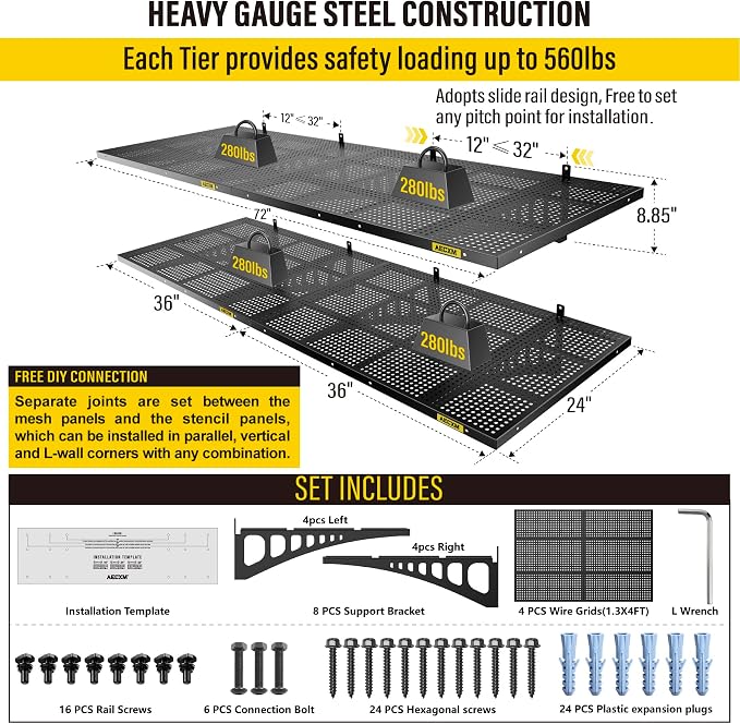4-Pack 2x3ft Adjustable Garage Wall Shelving 1120lbs Load Capacity Heavy Duty - Image 2