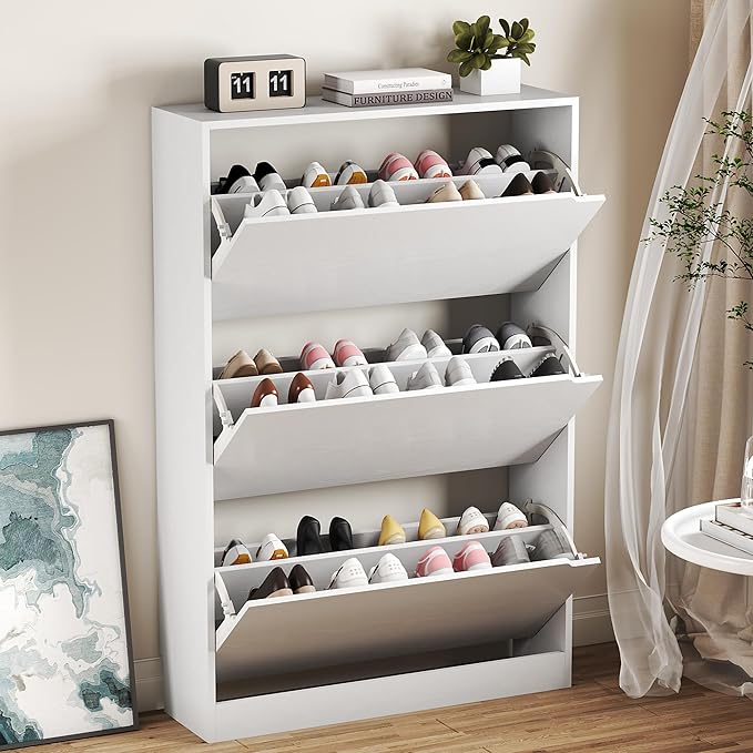 Shoe Cabinet with 3 Flip Drawers, Hidden Wood Shoe Cabinet, Freestanding Shoe by BORNOON