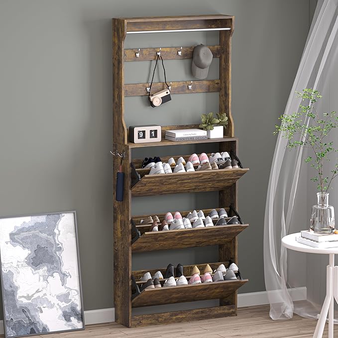 Shoe Cabinet with 3 Flip Drawers & Coat Rack, Narrow Hidden Shoe Storage Cabinet by BORNOON
