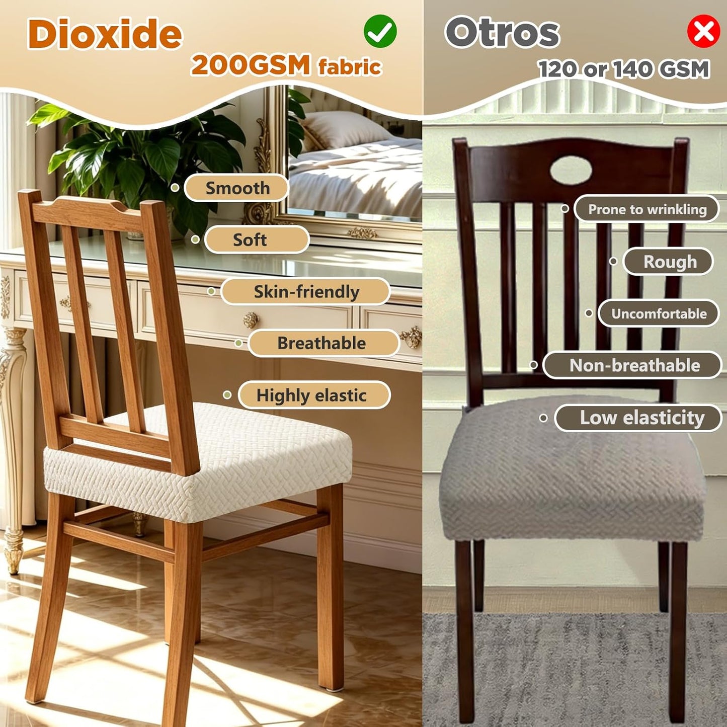 Dioxide Chair Covers for Dining Room Chairs,Chair Seat Covers Fit Stretch Jacquard Removable Slipcover Protector for Hotel Ceremony Banquet Wedding Party (Rear-Gapped,Beige Stripe,4PC,Not Waterproof)