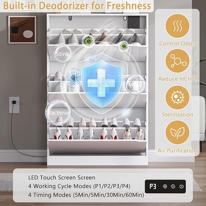 Shoe Cabinet with Odor Control and Back Panels, Deodorizing Slim 3-Flip Shoe - Image 3