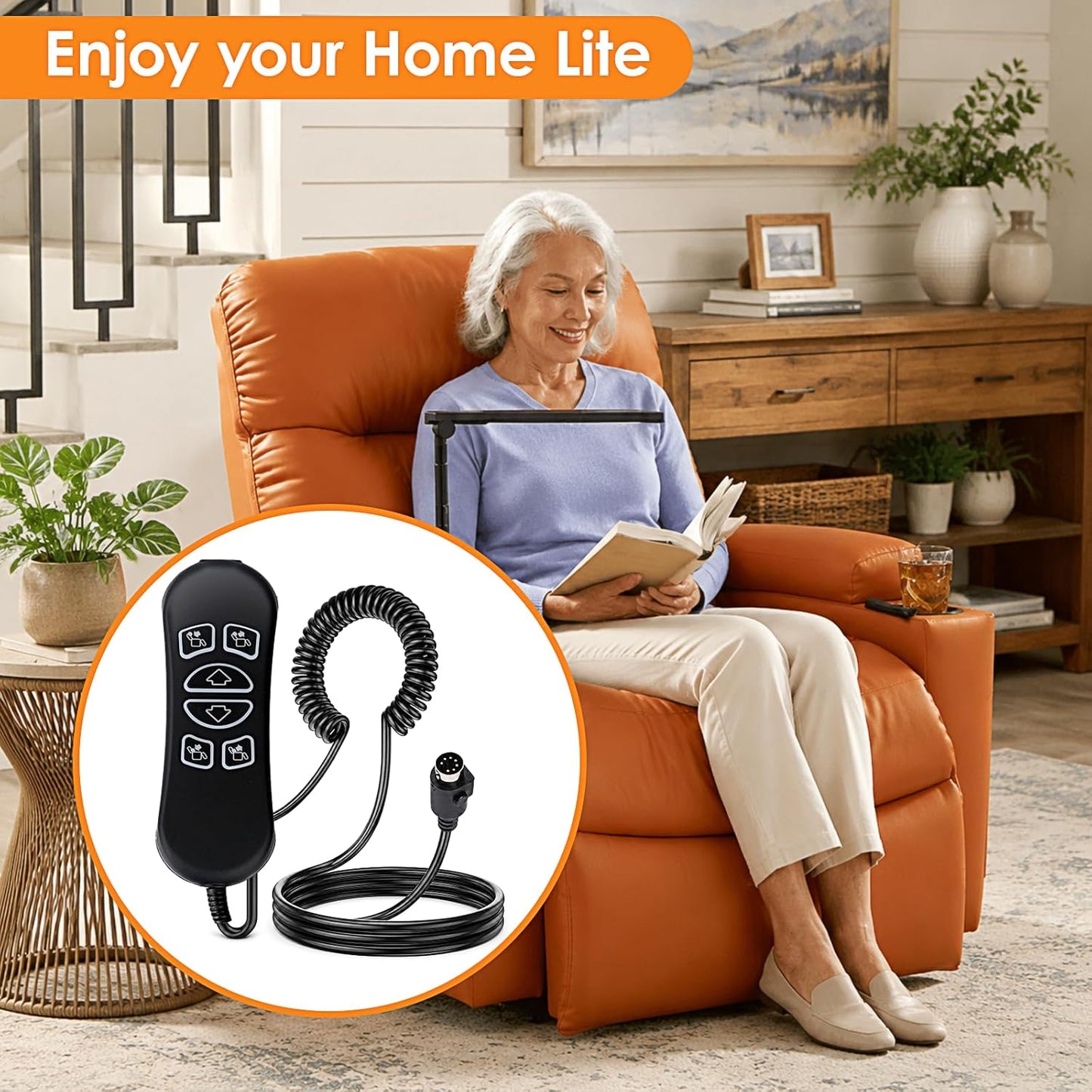HSW306 Compatible 6 Button 7 Pin Lift Chair Remote Replacement Controller, with USB Charging Port & Backlit Buttons, Hand Wand Replacement for Power Recliner (Version A)