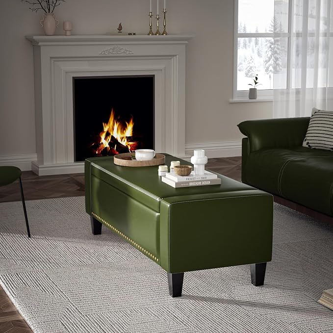 48.8" Storage Ottoman Bench Green | Faux Leather Bedroom Bench - Image 7