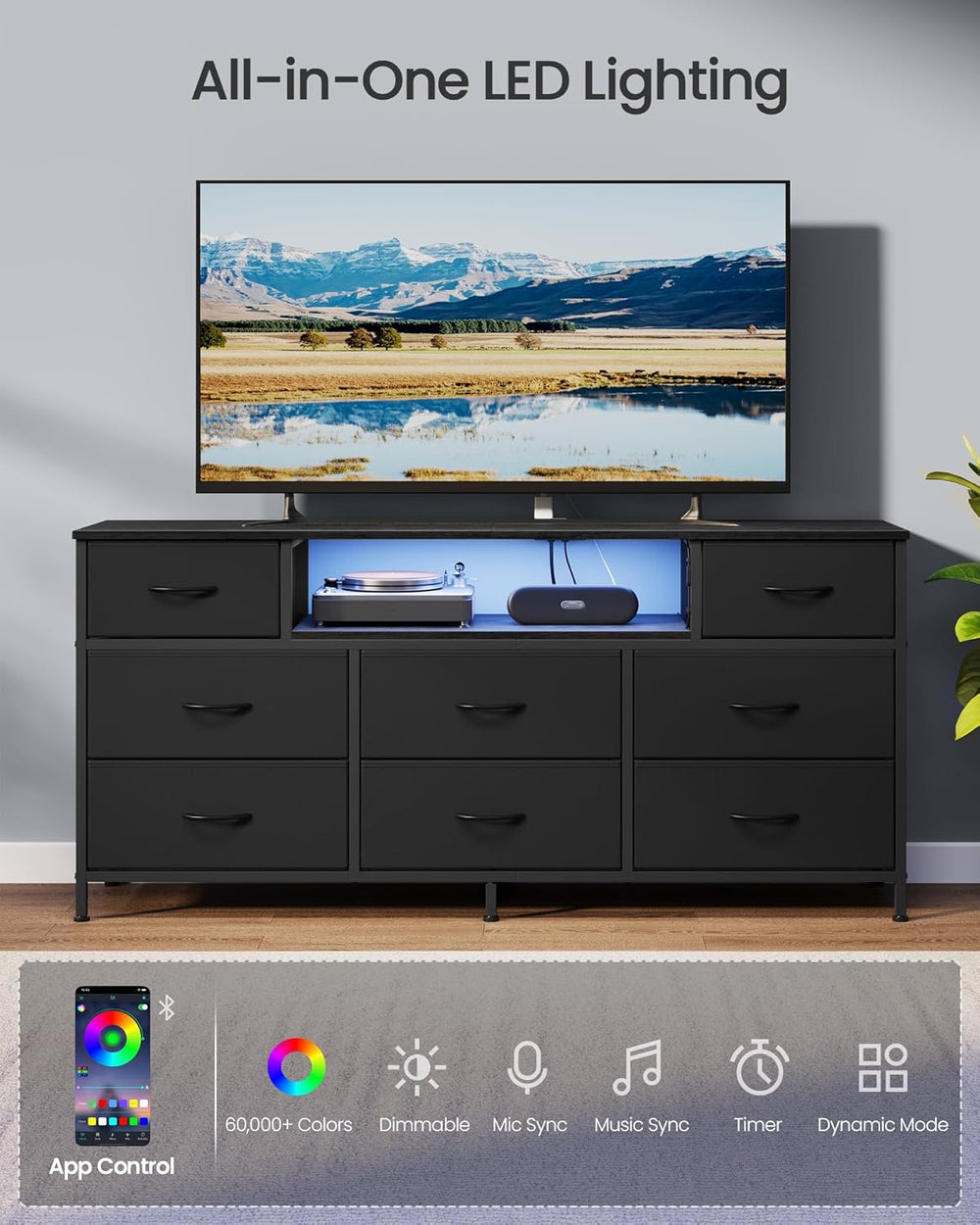 SONGMICS Dresser for Bedroom with Outlets & LED Lights, 8 Fabric Drawers
