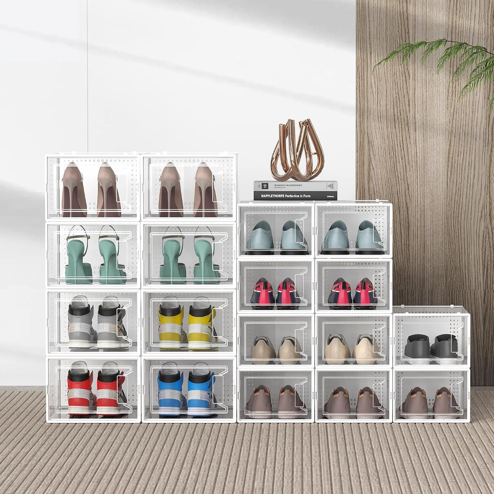 12 Pack XX-Large Stackable Clear Plastic Shoe Storage Box Organizer, White