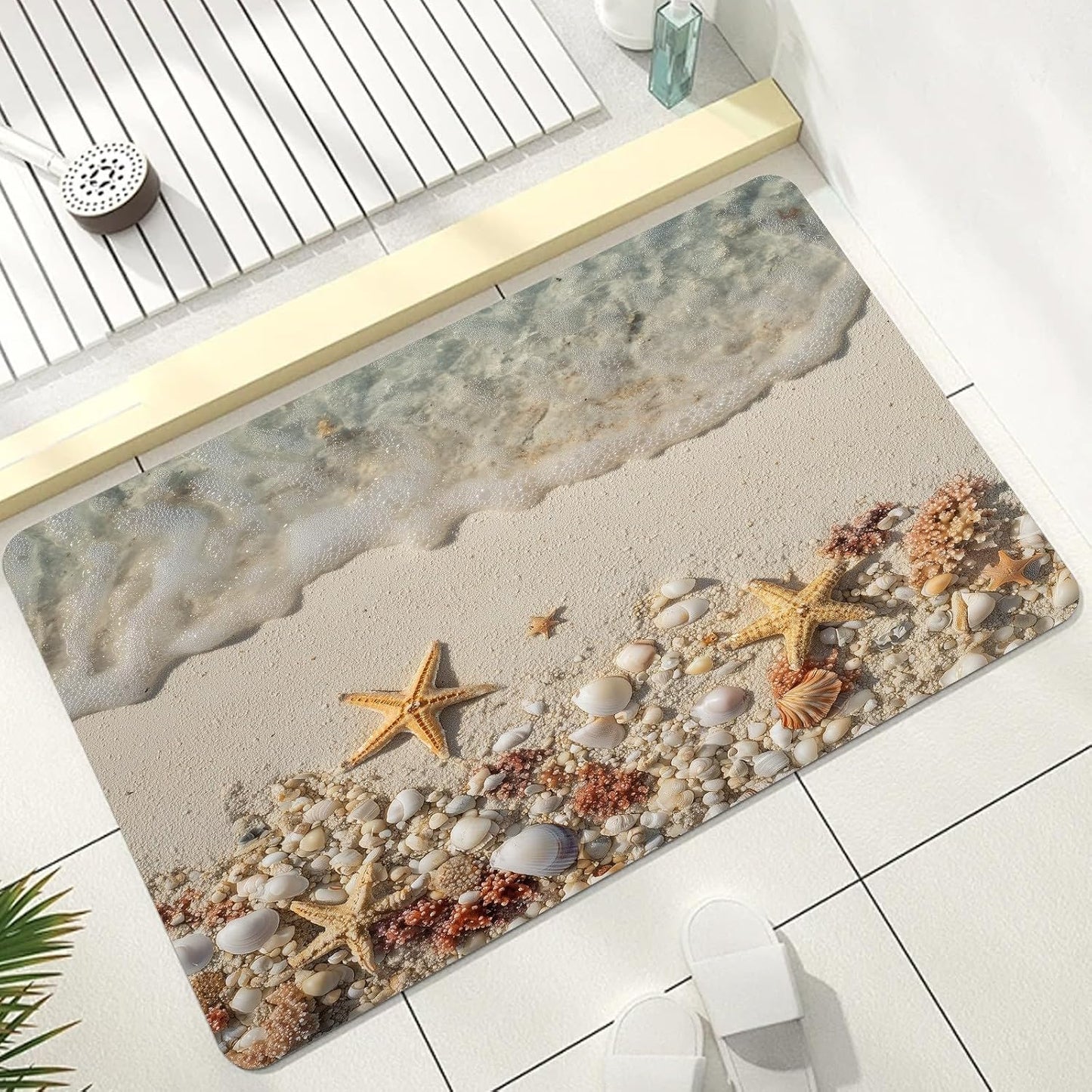 Ocean & Beach Bath Mat, Sea Coastal Bathmat, Starfish Coral Seashell Bathroom Rug, Nautical Rugs for Bathroom, Diatomaceous Earth Bath Mat, Non Slip & Absorbent & Washable, 17x24 Inch