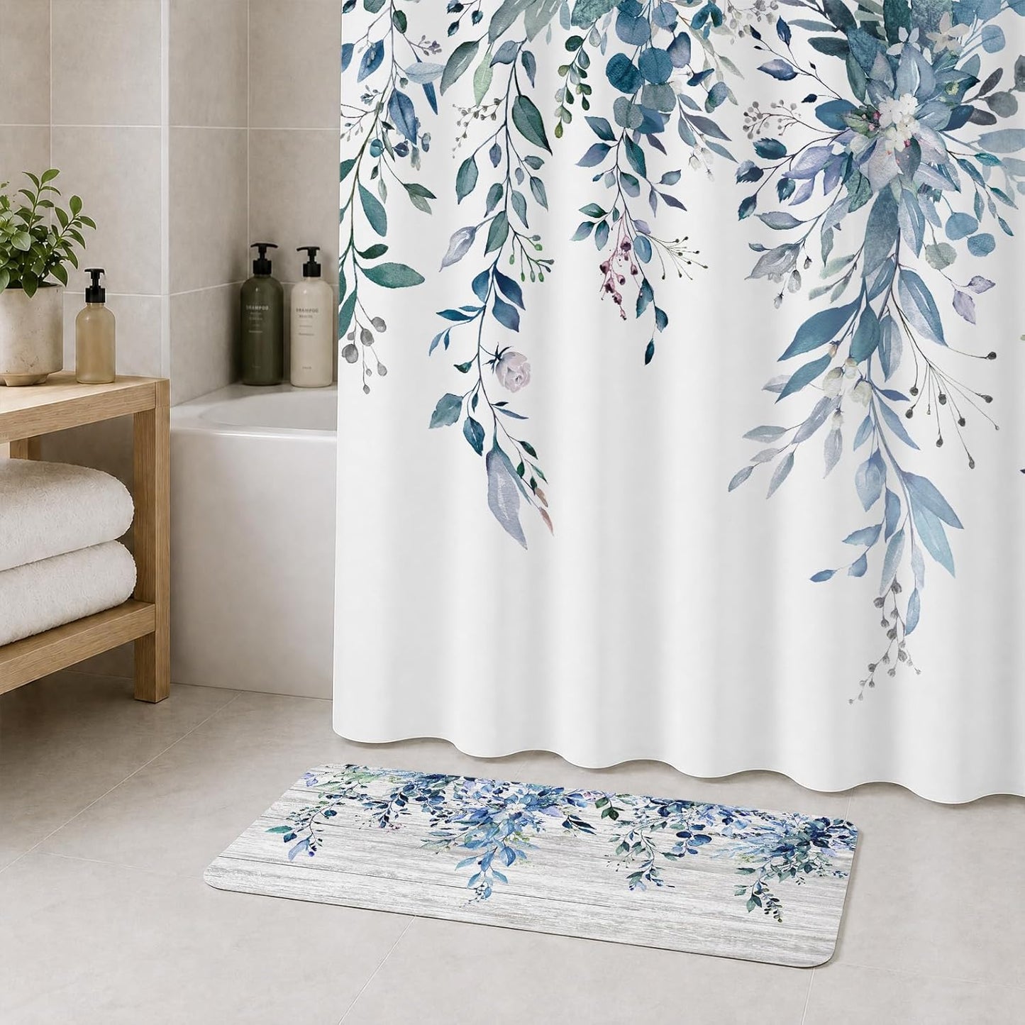 Blue Eucalyptus Long Bathroom Rugs Non Slip Super Absorbent Quick Dry Ultra Thin Diatomaceous Earth Bath Mat Watercolor Plant Leaves with Floral Diatomite Bath Mats for Bathroom 39''x16''