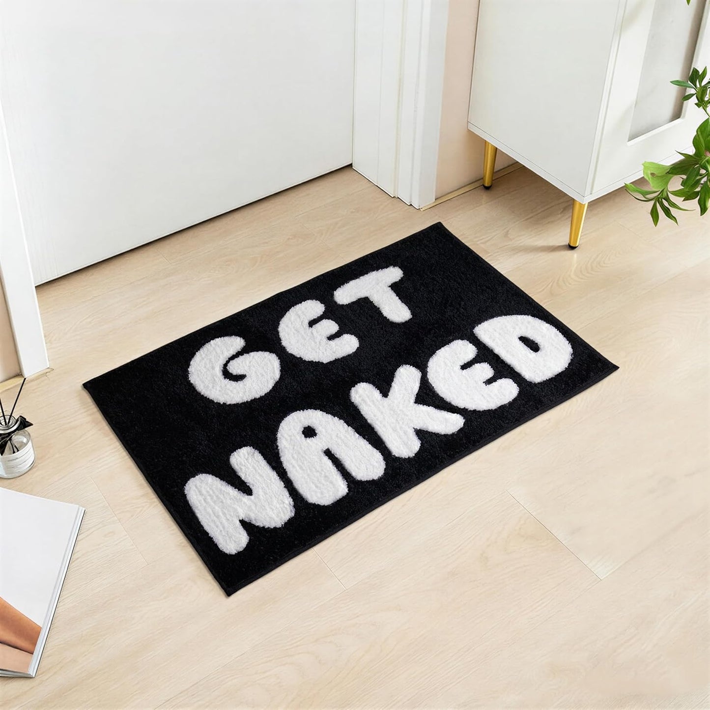 Black and White Get Naked Bath Mat 20"x32" – Non-Slip, Quick Absorbing Bathroom Rug, Funny Bathroom Decor for Home, Machine Washable & Easy Clean with Unique Letter Design (Black)