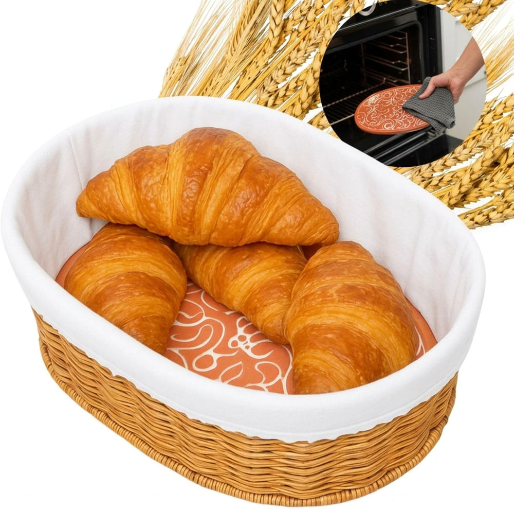 Bread Basket with Warmer – Woven Bread Basket with Terracotta Warming Stone, ...