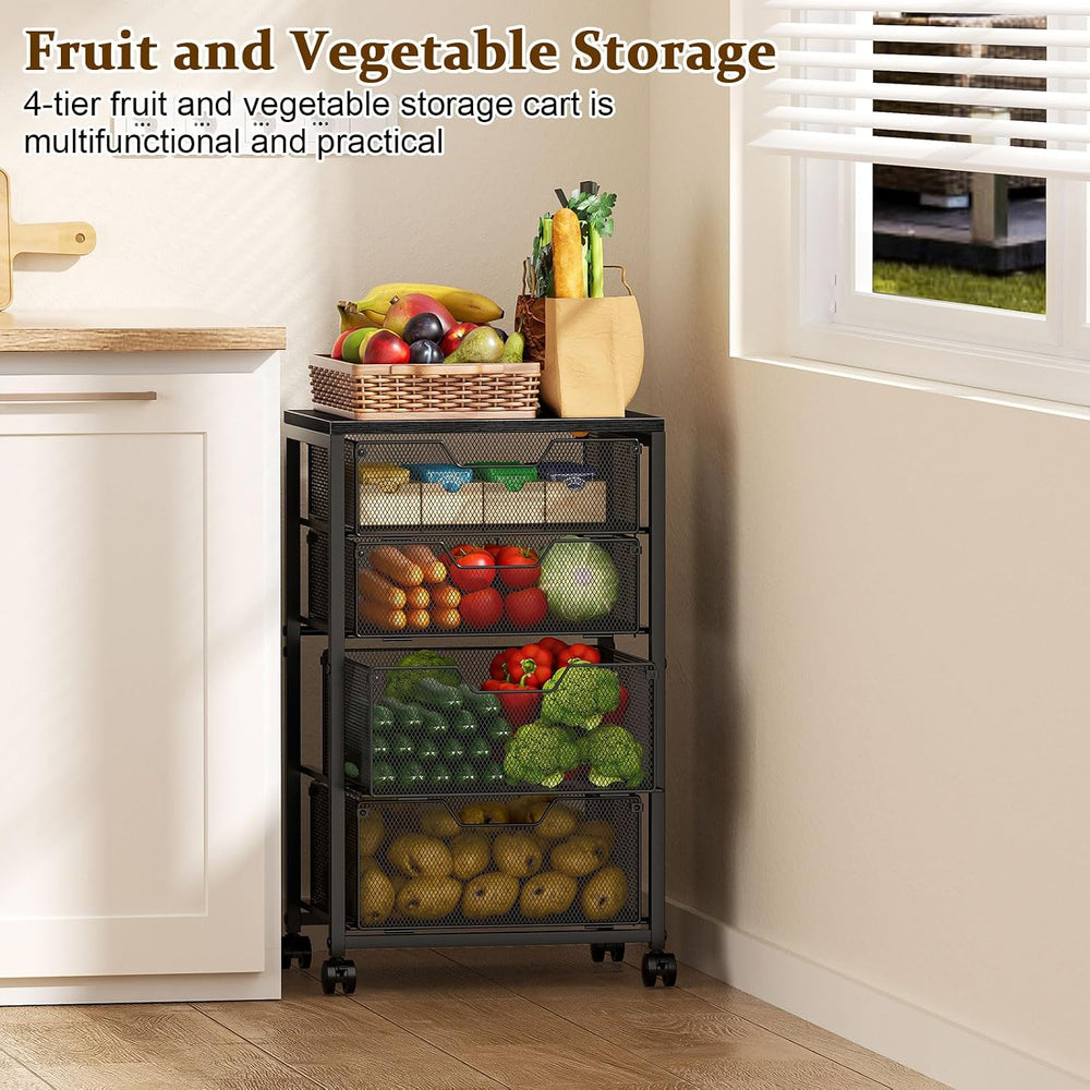 Kitchen Rolling Cart with 4 Storage Drawers, 4-Tier Fruit Vegetable Storage C...