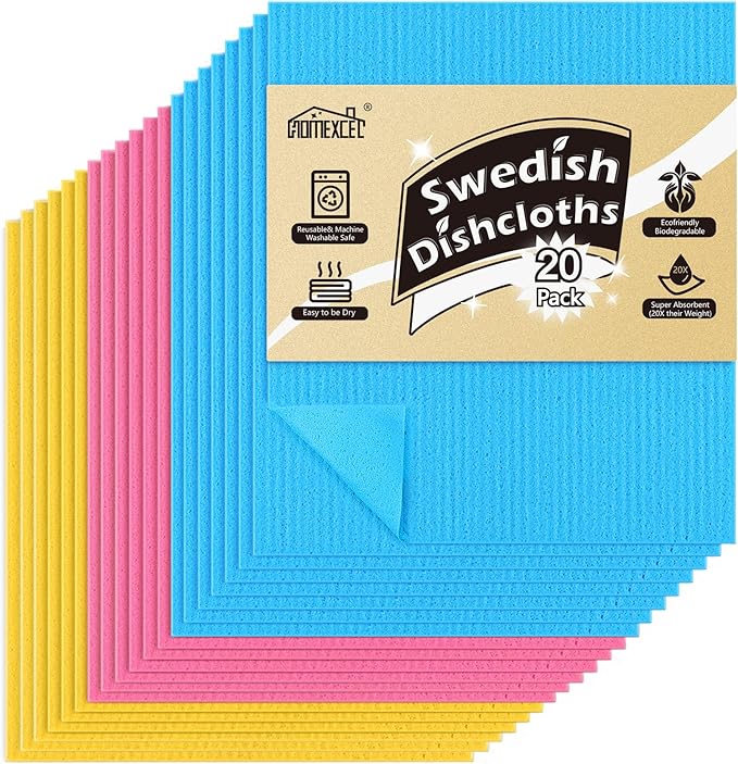 HOMEXCEL Swedish Dishcloths for Kitchen 20 Pack, Sponge Dish Cloth for Counters by HOMEXCEL