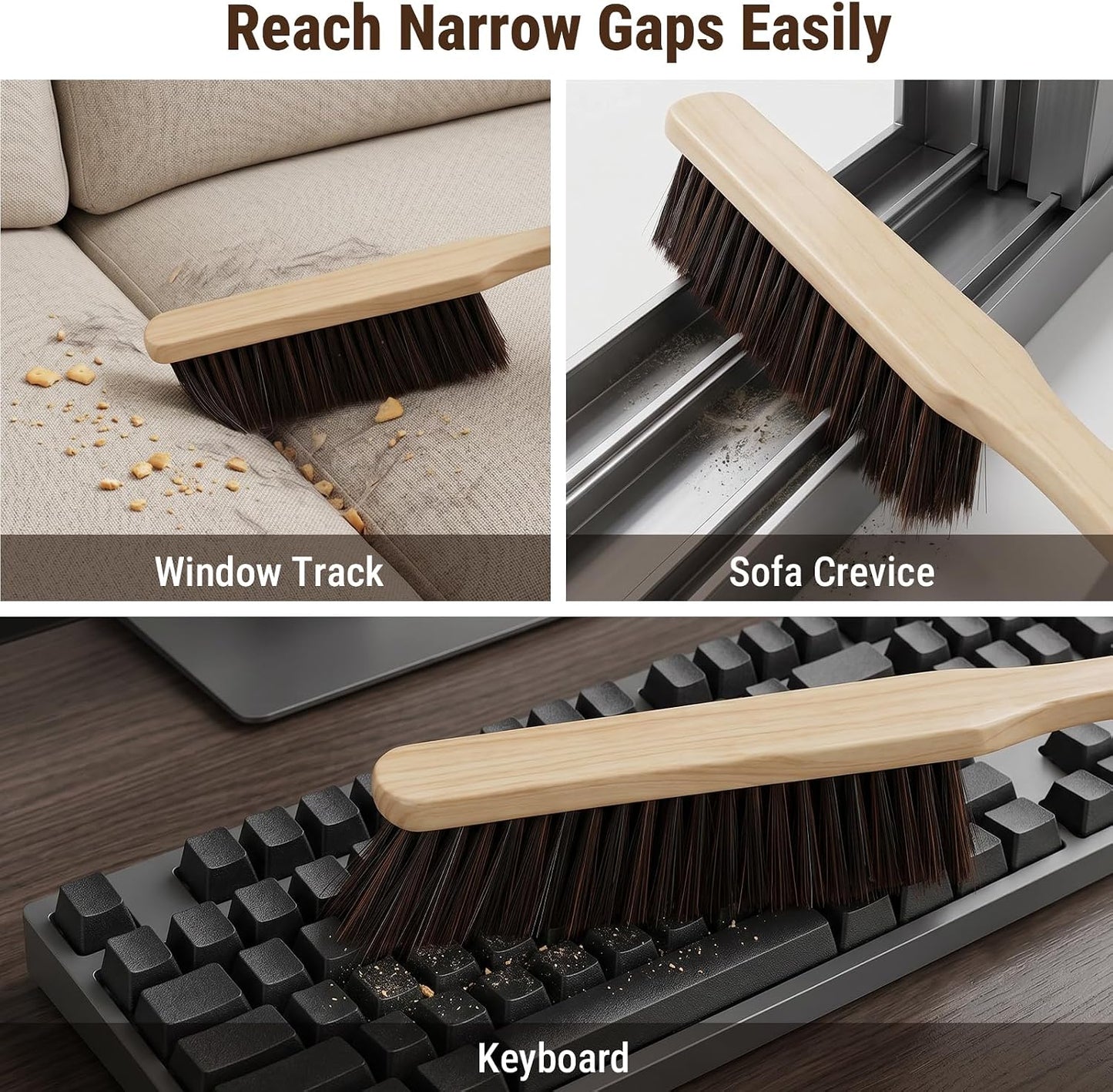2 Pack Hand Broom Dust Brush with Soft Bristles, Wooden Bench Brush for Countertop, Sofa, Pet Hair, Keyboard, Car and Household Cleaning