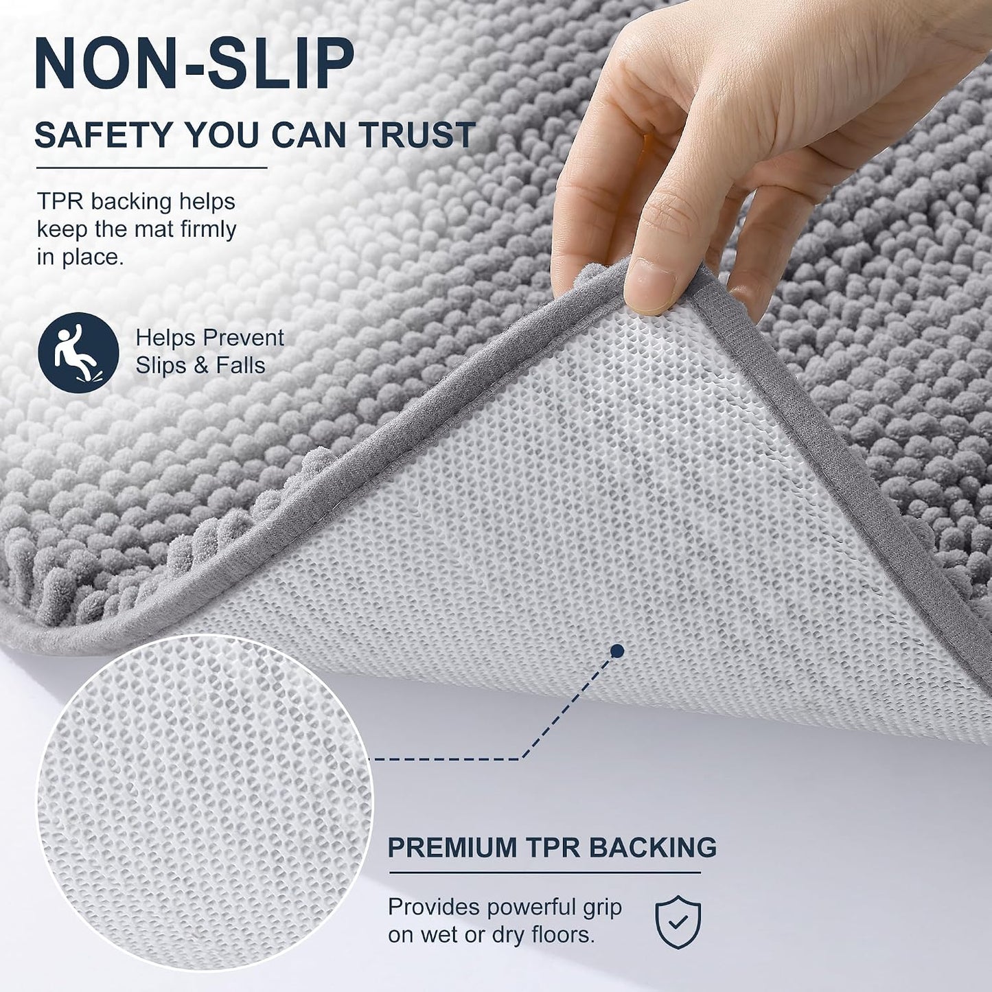Smiry Thick Chenille Bathroom Rugs 30x20, Extra Soft Absorbent Striped Bath Mat, Machine Washable, Rubber Backing, Bath Rugs for Tub & Shower, Modern Home Decor Accessories, Grey