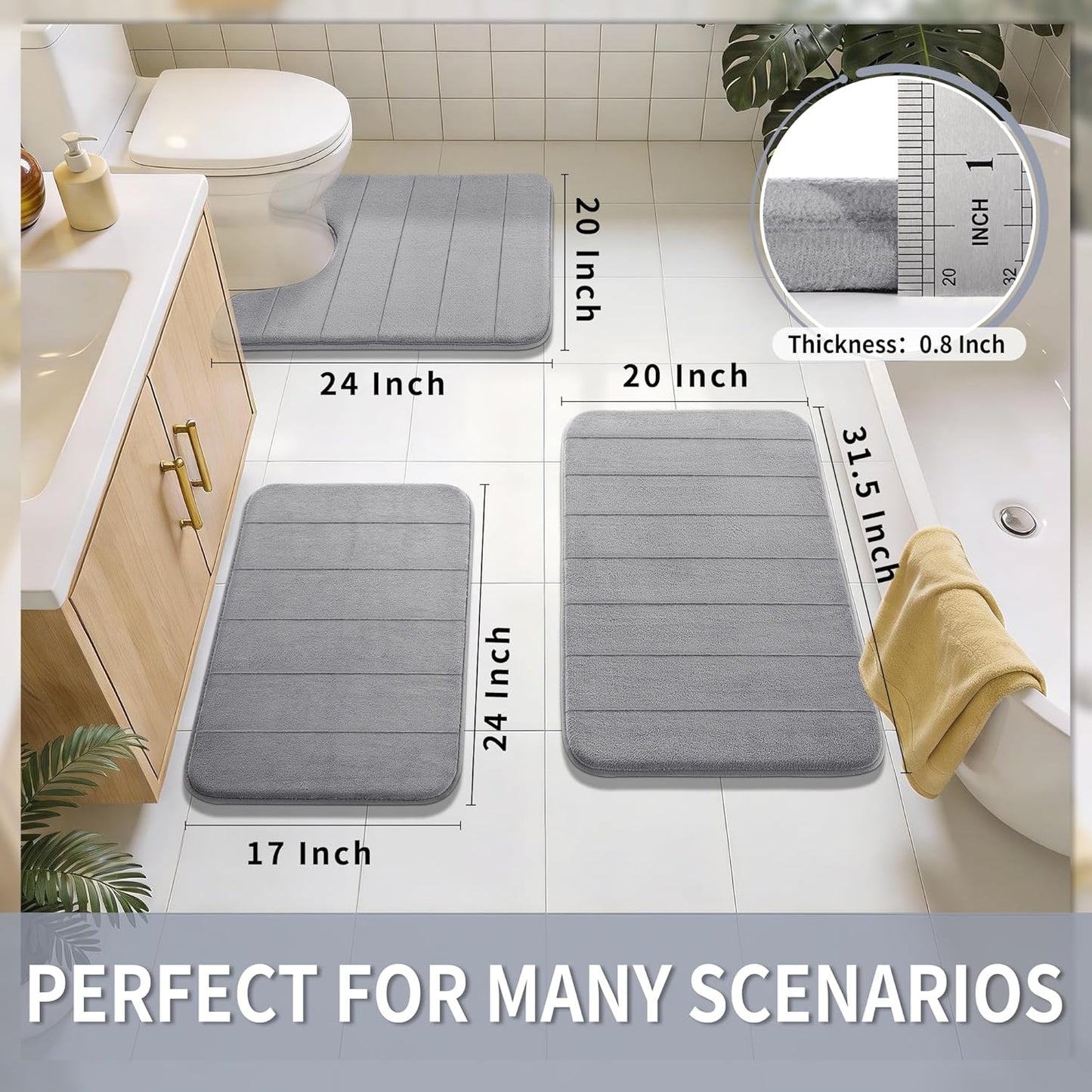 Yimobra Memory Foam Bath Mat, Super Soft Absorbent Bathroom Rug Non Slip, Quick Dry, Machine Washable Floor Carpet for Tub Shower, Home Decor Accessories, 24x17, Grey