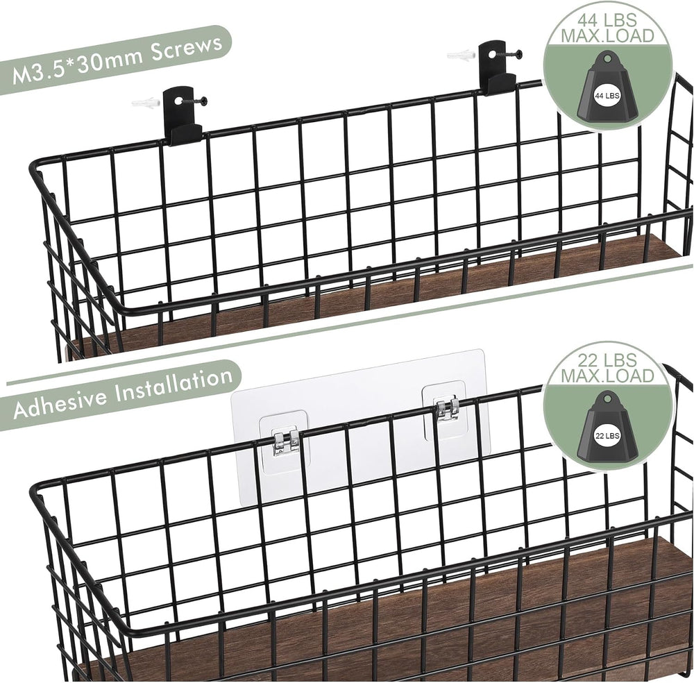 Wall Hanging Baskets, 3 Wooden Wire Bins with Hooks & Adhesive Mount(Extra)