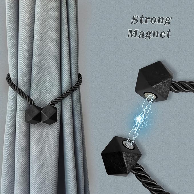Hion Magnetic Curtain Tiebacks Black 6 Pack, Curtain Tiebacks Buckles Holdbacks - Image 3