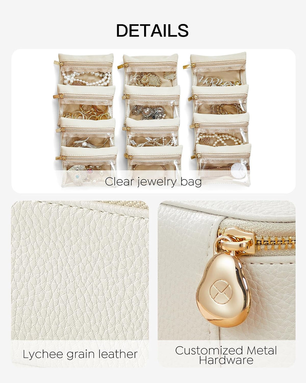 VLANDO Jewelry Organizer Travel with 12 Clear Velvet Zipper Pouches,White