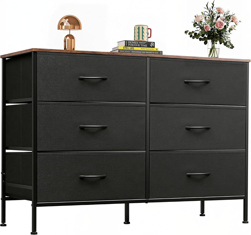 WLIVE Dresser for Bedroom with 6 Fabric Drawers, Black and Rustic Brown
