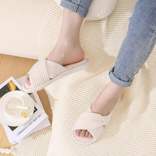 Evshine Summer House Slippers for Women Corduroy Cross Bow Indoor Slippers Open - Image 2
