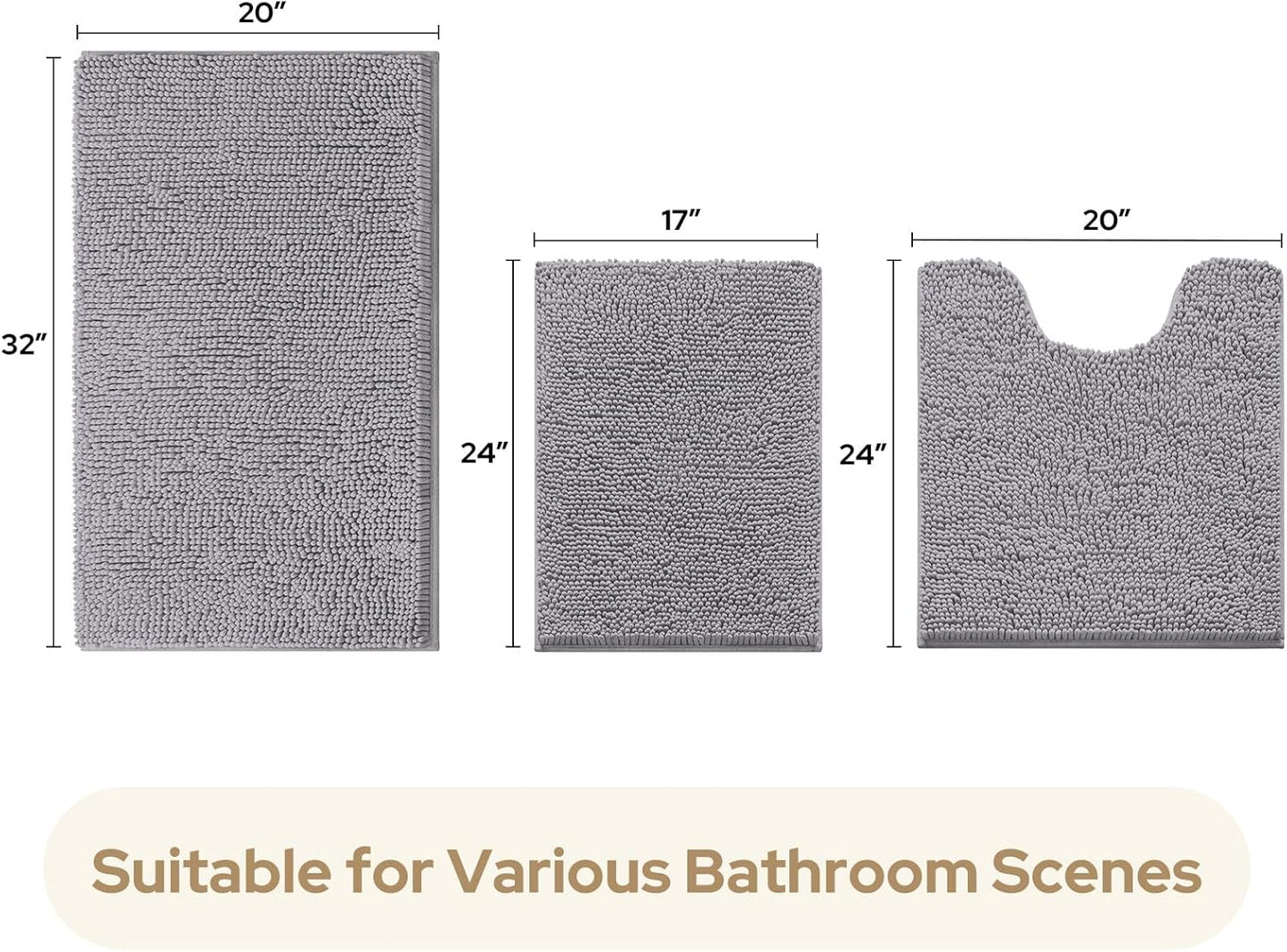 HOMEIDEAS 3 Pieces Bathroom Rugs, Soft Thick Absorbent Chenille Bath Mats, Washable Non-Slip Floor Rugs for Shower & Bath, Grey