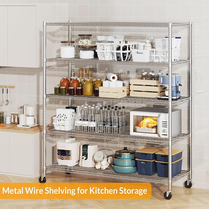 Himimi Storage Shelves with Wheels, 5-Tier Heavy Duty Steel Wire Rack Storage