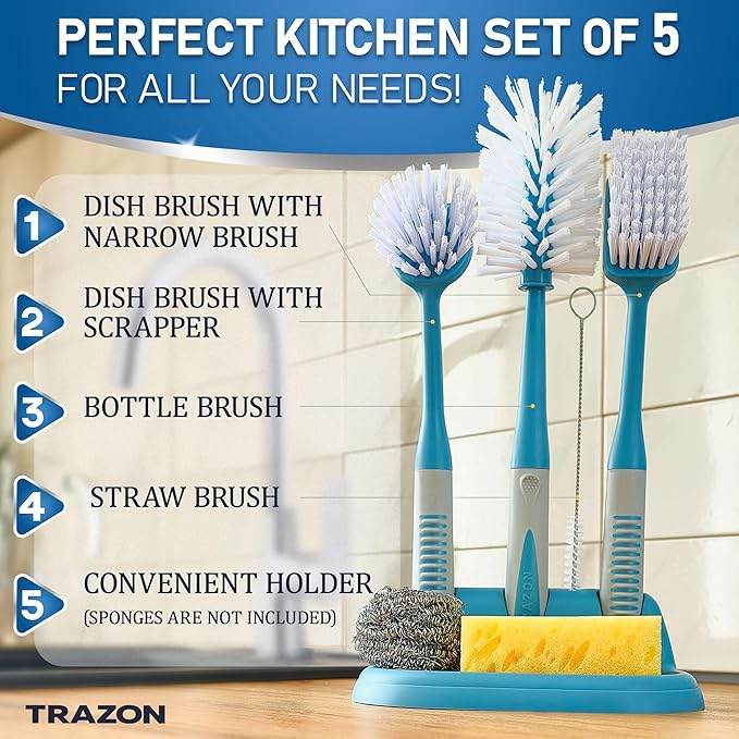 Dish Brush Set of 5 with Convenient Holder, Bottle Water Brush, Dish Scrub Brush - Image 2