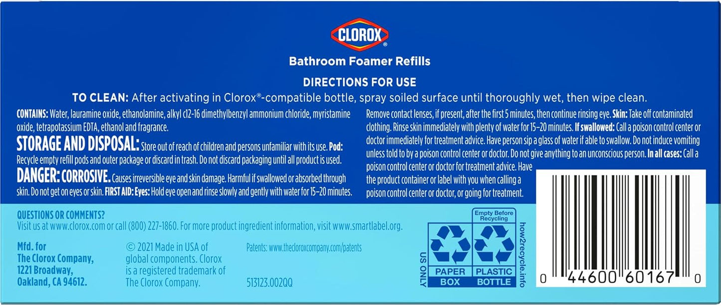Clorox Bleach-Free Bathroom Foamer Refill Pods, Household Essentials, Rain Clean, 3 Spray Refills