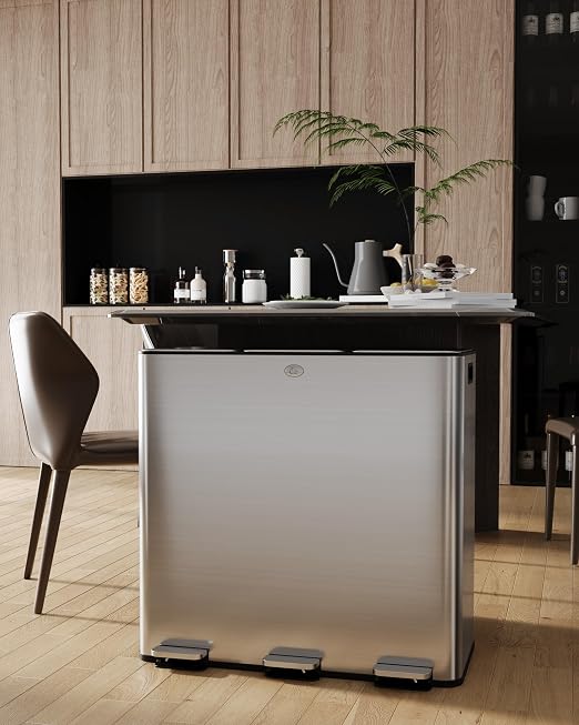 3 x 7.9 Gal Trash Can, Stainless Steel Triple Compartment Step-On Recycling Bin - Image 7