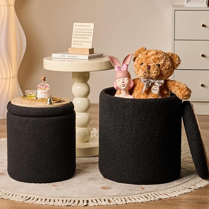 Round Ottoman with Storage Set of 2-Upholstered Sherpa Vanity Stool - Image 4