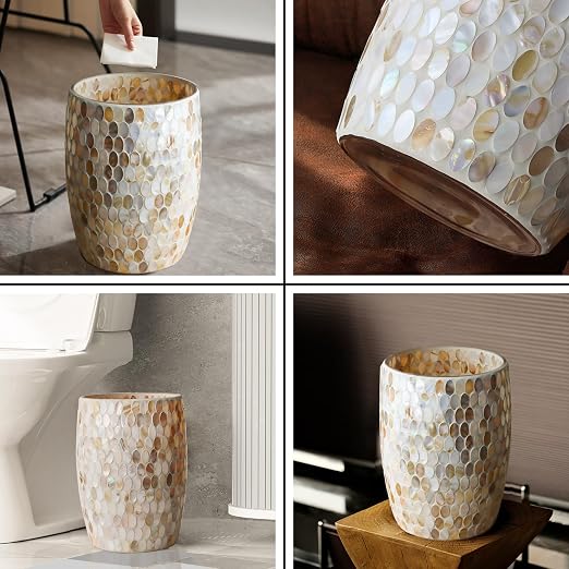Escenzy Natural Shell Bathroom Trash Can Mosaic Glass 5L | Decorative Small - Image 3