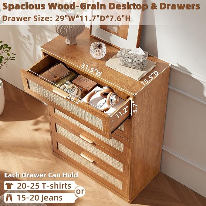 LEYAOYAO Dresser for Bedroom, Modern 5 Drawers Boho Rattan Dressers - Image 5
