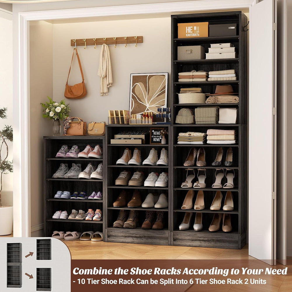 Aheaplus 10 Tiers Narrow Shoe Cabinet Set of 2, 35.4" Tall Wood Shoe Rac...