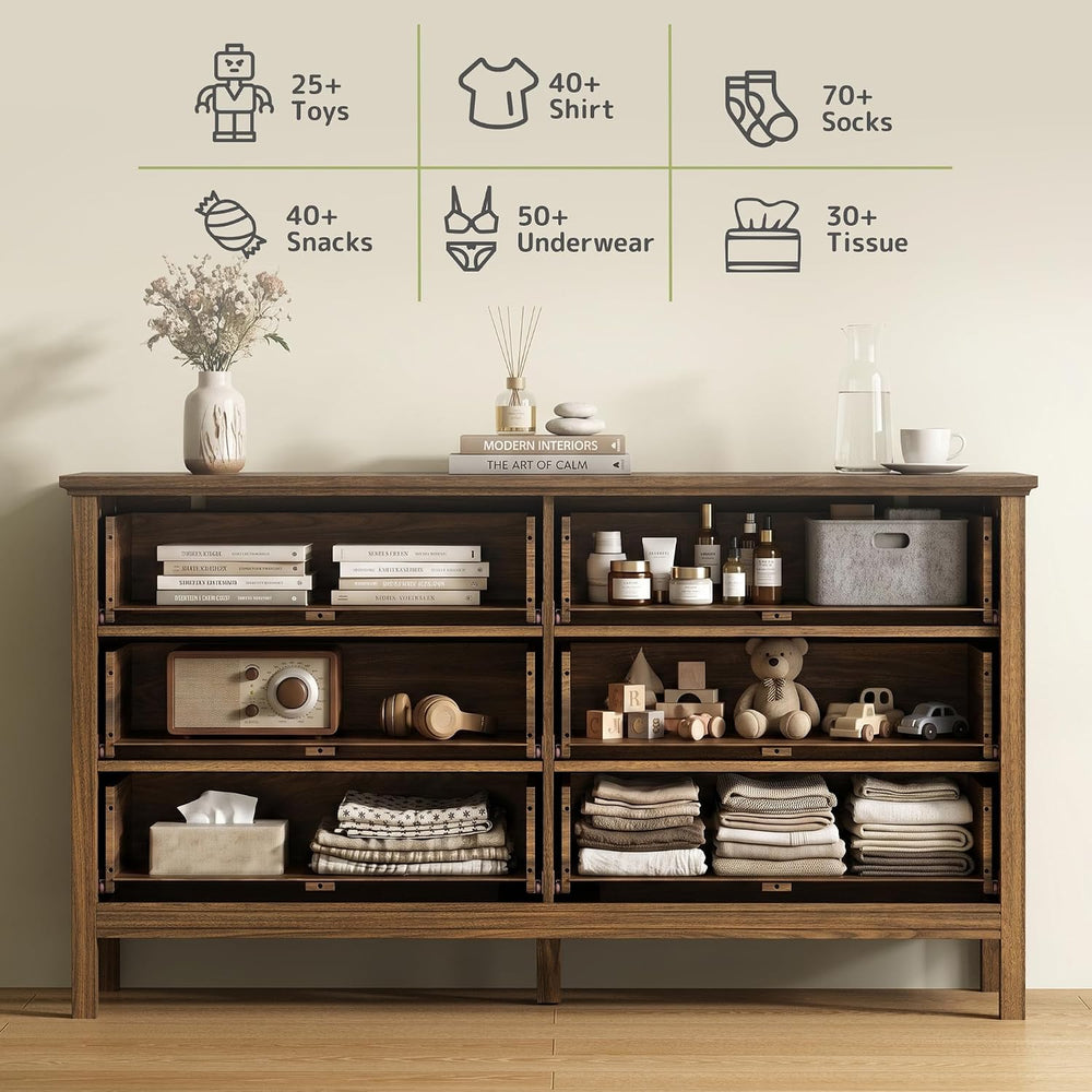 Walnut 6 Drawer Dresser for Bedroom, 55" Wood Chests of Drawers for Hallway