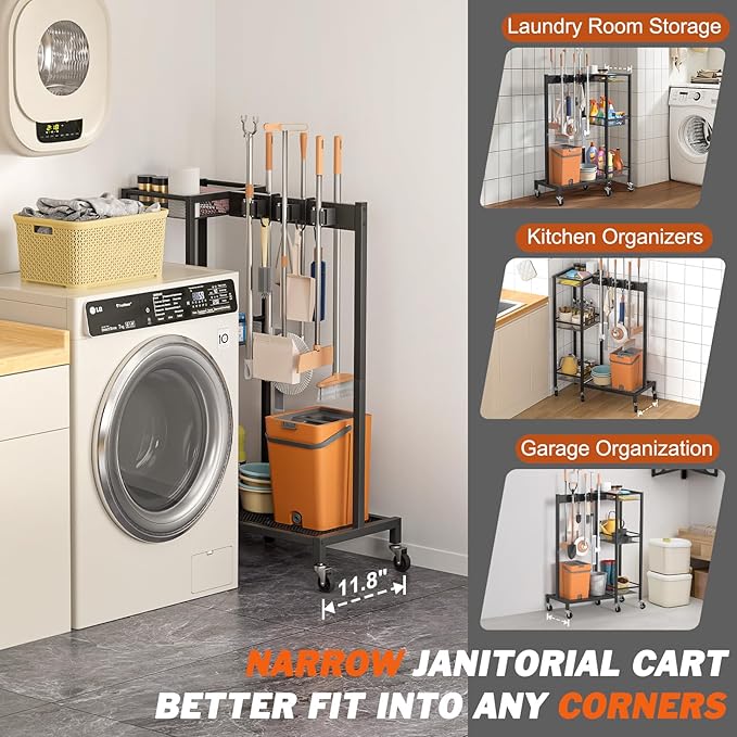 Broom Holder with Cleaning Supplies Organizer, Broom Closet Storage Cabinet - Image 3