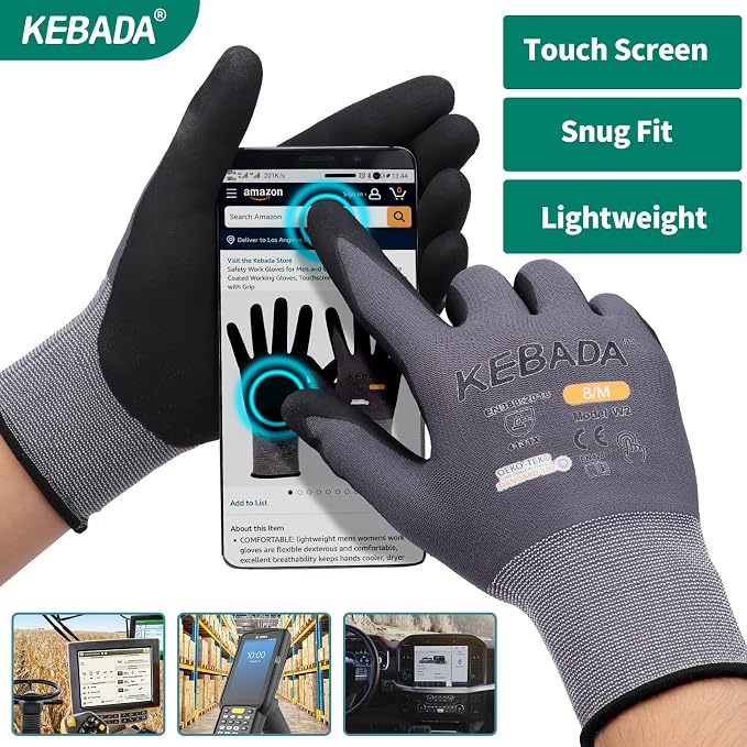Kebada W2 Safety Work Gloves, Micro-Foam Nitrile Coated Gloves, Touchscreen - Image 4