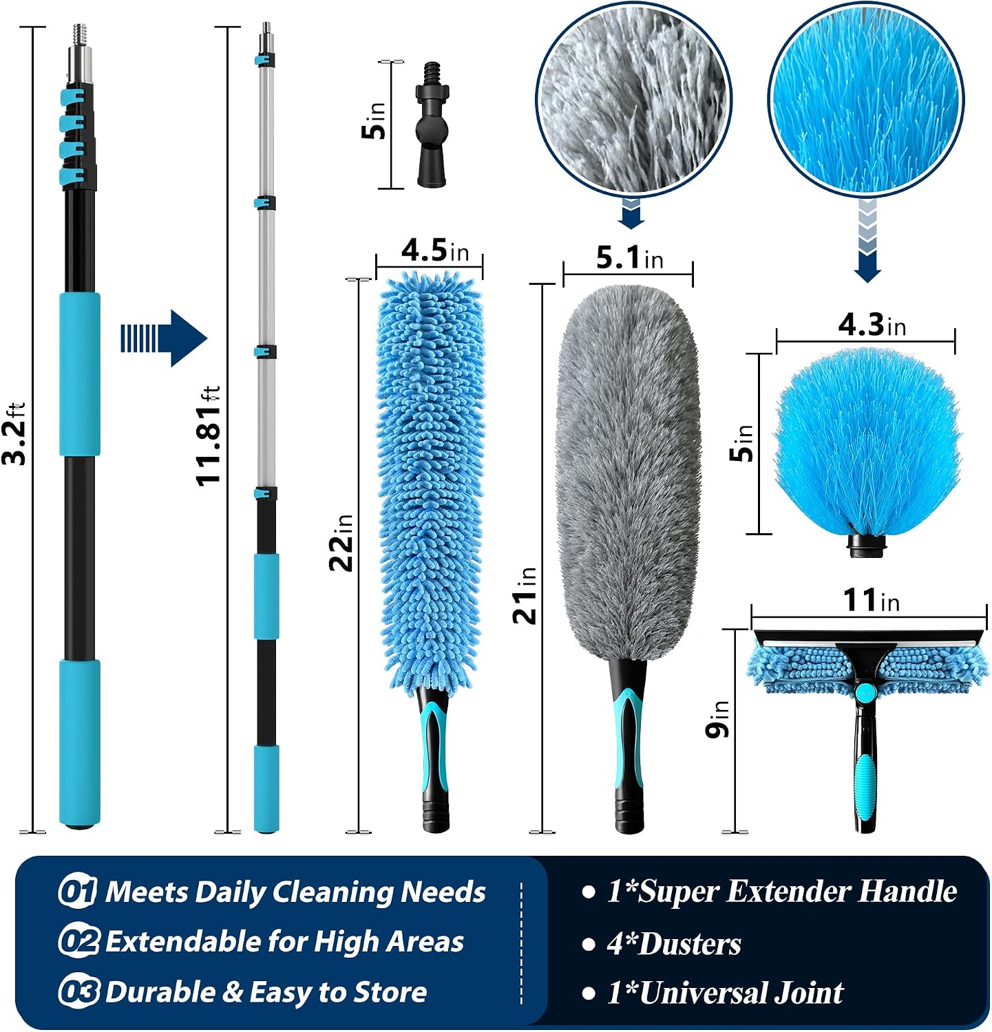 COVERONICS 20FT High Duster Cleaning Tools with 3-12FT Extension Poles - Reusable Fan Duster Cleaning Kits with Ceiling Fan Cleaner Duster, Window Squeegee, Microfiber Feather Duster & Cobweb Duster