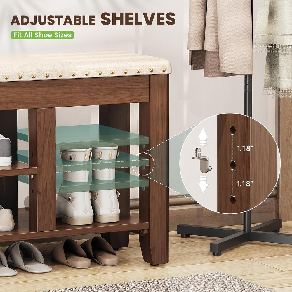 Shoe Bench for Entryway, Solid Rubberwood Shoe Bench with Hidden Storage, Adj...