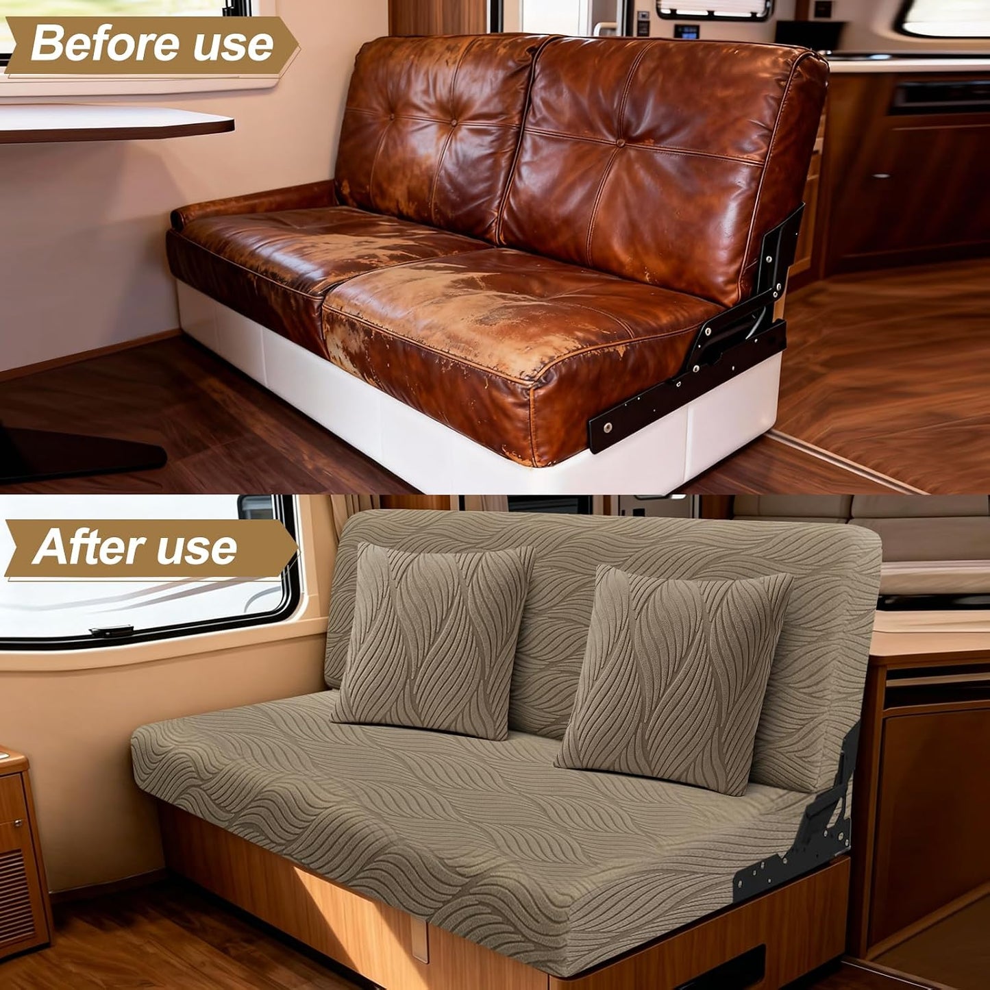RV Couch Covers for Sofa Bed with 2 Pillow Covers, 2-Piece Backrest and Seat Slip Covers, for Jackknife Sofa, RV Furniture Cover (Brown)