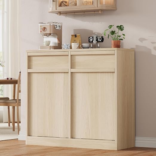 Double Tilt Out Trash Cabinet, Natural Wood Hidden Garbage Can Cabinet - Image 2