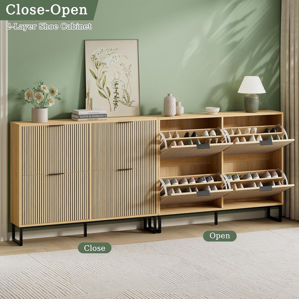 Shoe Cabinet Storage with 4 Flip Drawers and Metal Legs, Natural Wood丨Slim Sh...