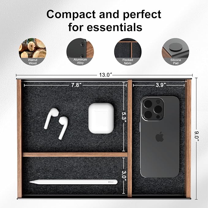 UPERGO Desk Drawer Organizer Tray, Mens Valet Made of Aluminum and Walnut - Image 6
