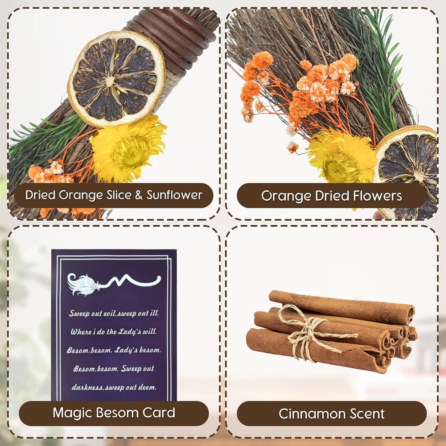 Cinnamon Broom 7.5 Inch Mini Fall Floral Cinnamon Broomstick | Fall Decor Handmade Witch Broom Scented Natural Herbal Protection for Altar Fall Flowers Home Wall Porch Decoration