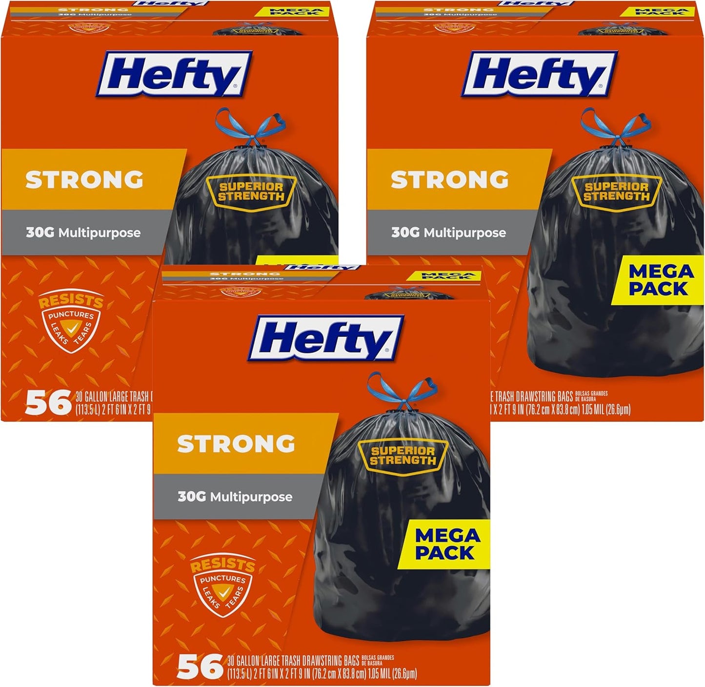 Hefty Strong 30 Gallon Trash_Bags, Large Trash-Bags 30 Gallon Size, Durable Drawstring Enclosure, Resists Punctures, Leaks, and Tears, Black, Unscented, 56 Bags (Pack of 3)