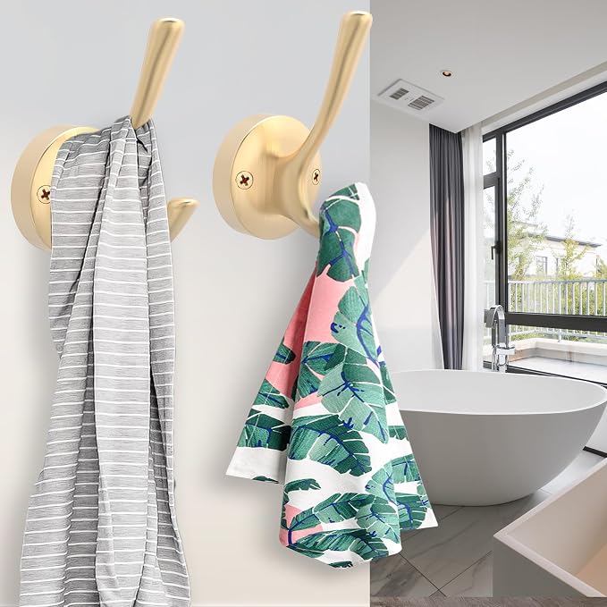 Gold Wall Hooks, 5 Pack Coat Robe Hook Heavy Duty Metal Double Bath Hook Wall - Image 7