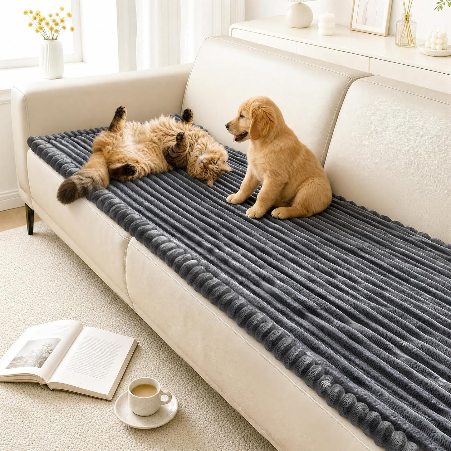 NAISI Couch Covers for Dogs Flannel Striped Furniture Protector with Thick Filling and Non-Slip Bottom Sectional Sofa Covers Washable Friendly for Pets(1pc/27.5"x 59",Dark Grey)