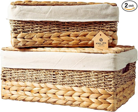 Wicker Storage Baskets with Lid and Lining, Built-in Carry Handles, Home by BINHYENHOME