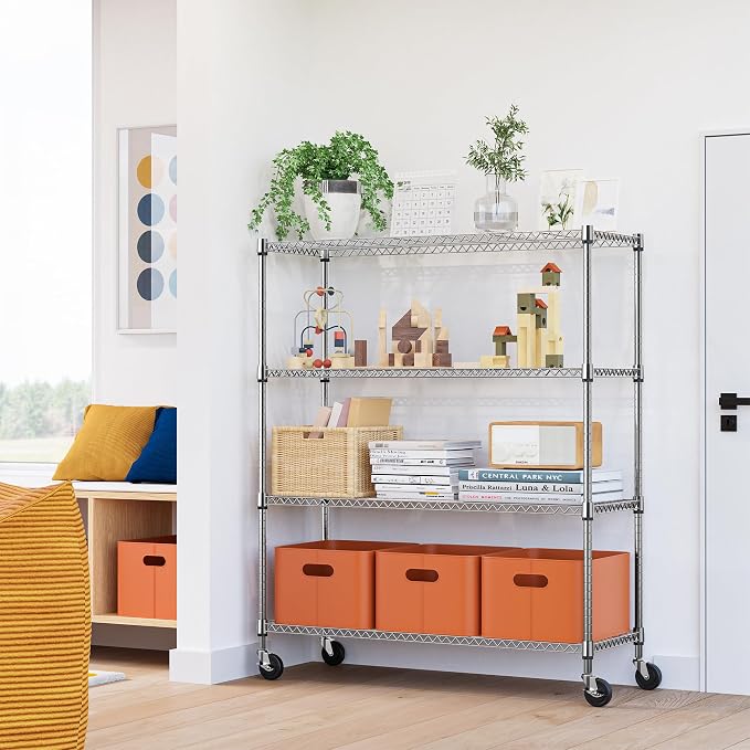 4 Tiers Storage Shelves Load 1400LBS, Metal Shelving Wire Metal Shelving Unit