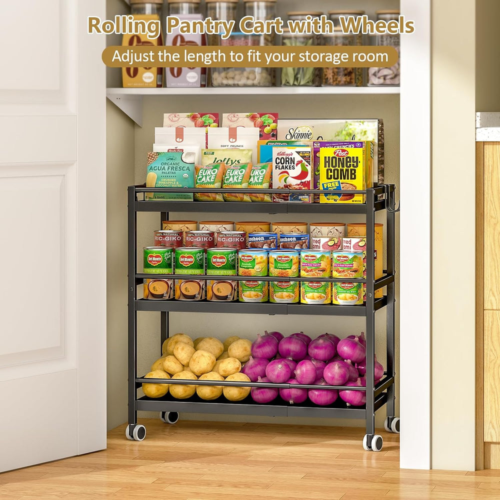3-Tier Expandable Rolling Pantry Organizers and Storage Cart with Wheels, Adj...