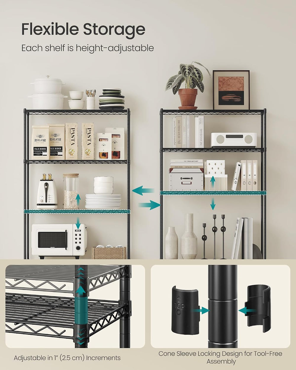 SONGMICS 5-Tier Storage Shelves, Adjustable Wire Shelving Unit, 8 Hooks